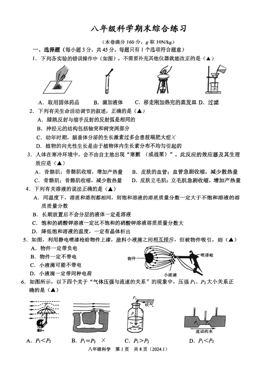 浙江省杭州市临平区树兰中学2024年1月八年级科学期末综合练习（图片版，无答案）