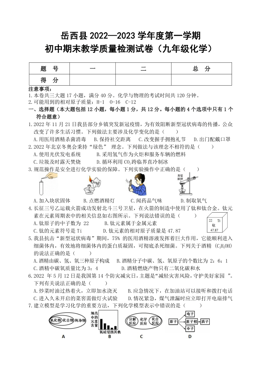 安徽省安庆市岳西县2022-2023学年九年级上学期期末考试化学试题（无答案）