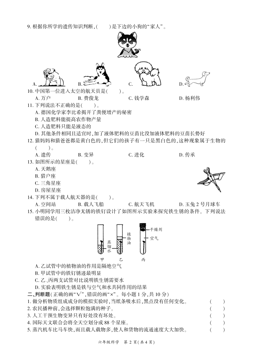 四川省广安市武胜县2023-2024学年六年级上学期期末考试科学试题（扫描版无答案）