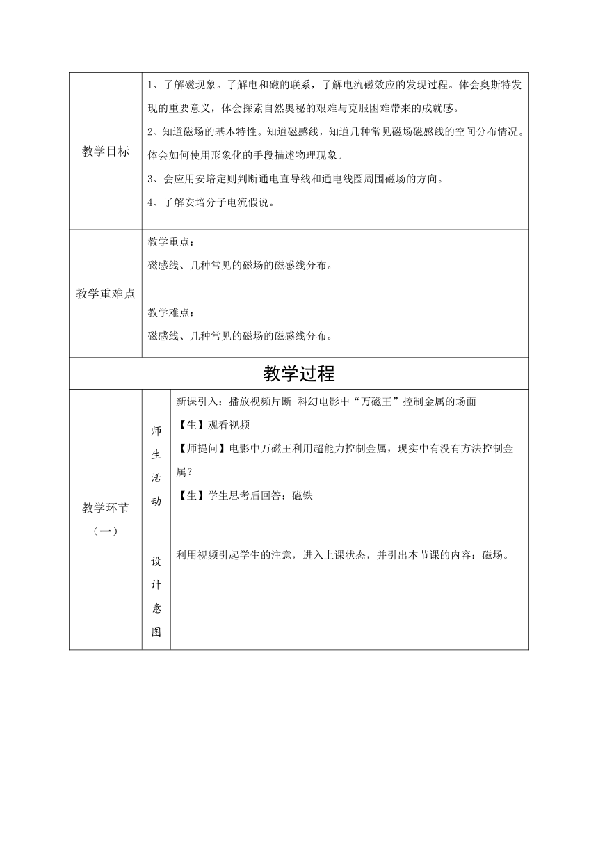 13.1 磁场 磁感线 教学设计 （表格式）