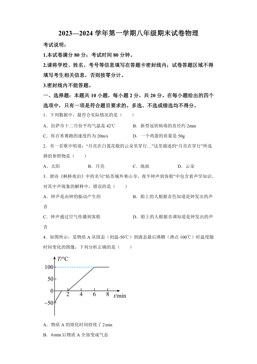 西藏拉萨市柳梧初级中学2023-2024学年八年级上学期期末考试物理试题（含解析）