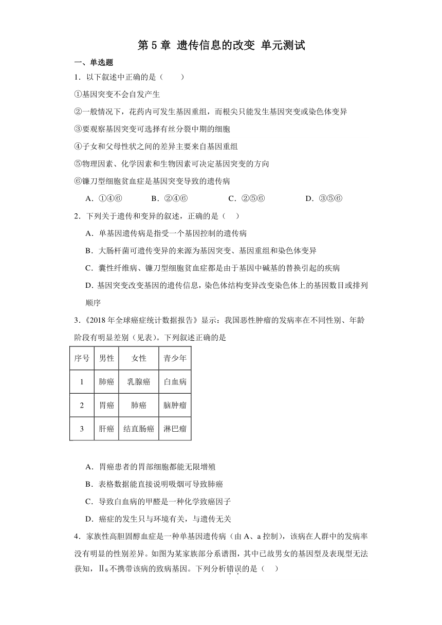 第5章 遗传信息的改变 单元测试2023-2024学年高中生物学北师大版（2019）必修2（解析版）