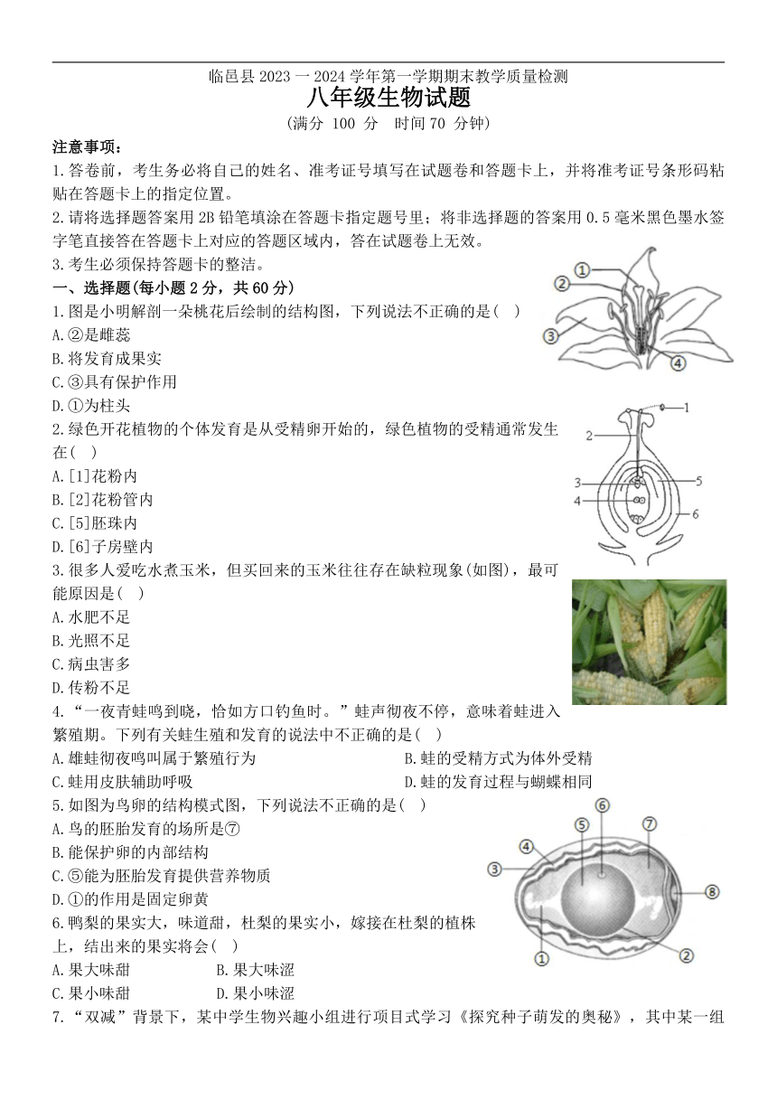 山东省德州市临邑县2023-2024学年八年级上学期期末生物试题（ 含答案）