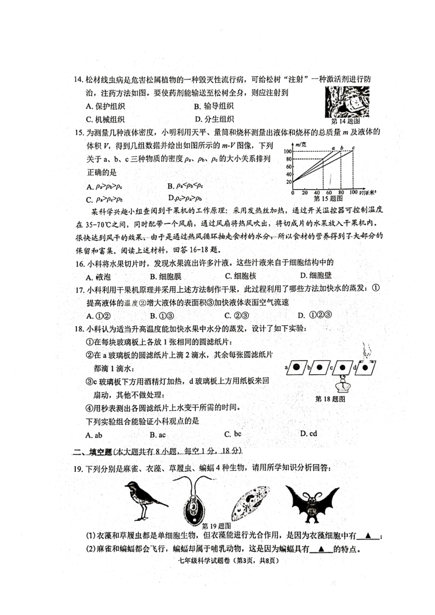 浙江省衢州市锦绣育才教育集团2023学年第一学期期末检测 七年级科学试题卷（PDF版 无答案）