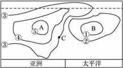 读1月份海平面等压线图，回答36～38题。36.A、B两...