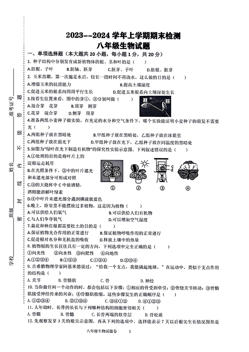 江西省吉安市峡江县2023-2024学年八年级上学期期末生物试卷（PDF版 含答案）