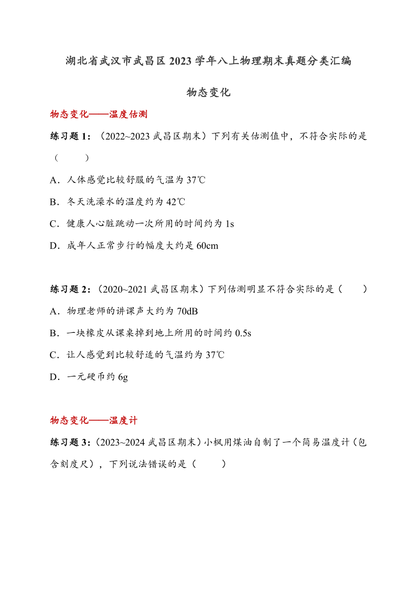 湖北省武汉市武昌区历年八上物理期末真题分类汇编——物态变化（含答案）