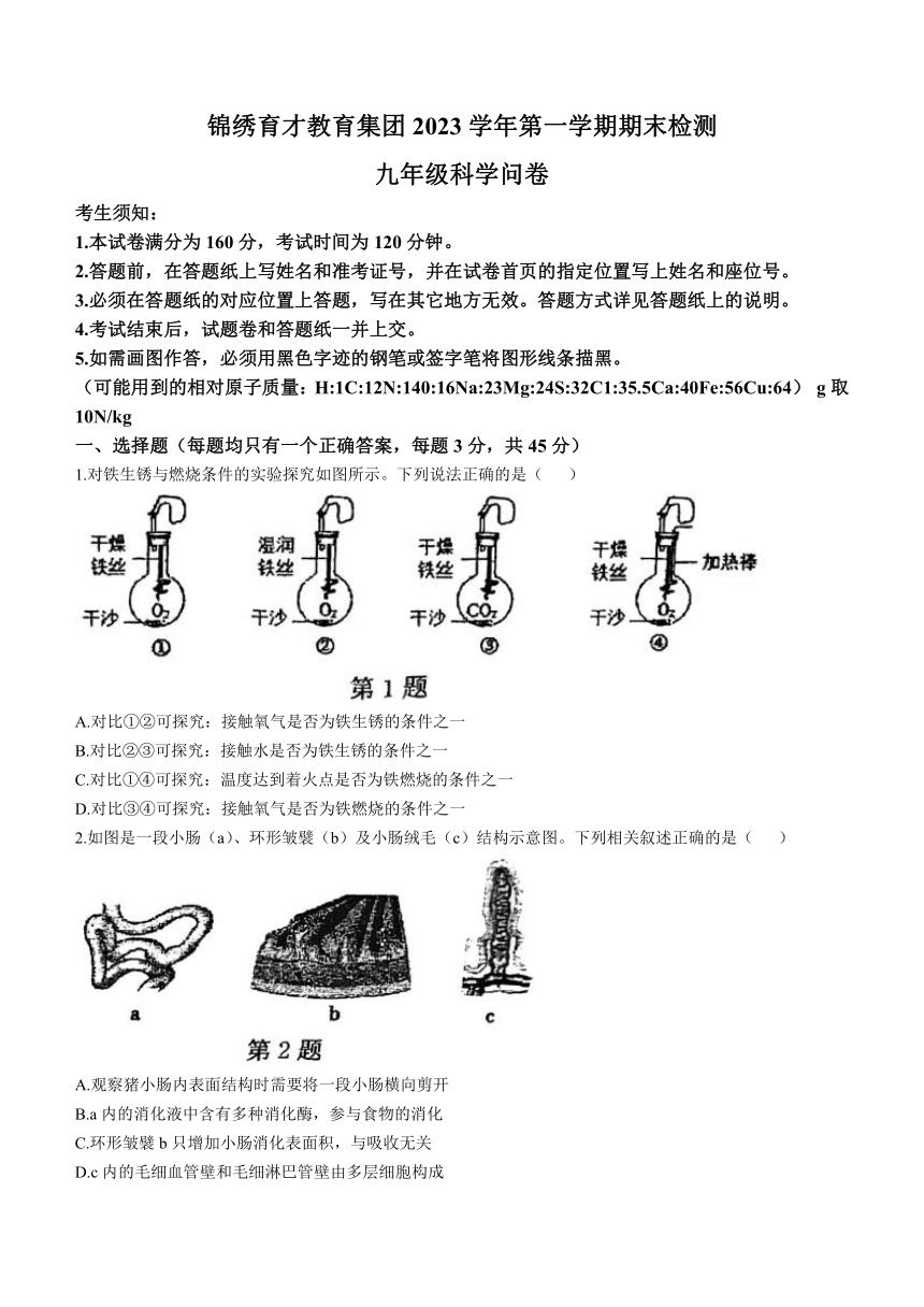 浙江省杭州市锦绣育才教育集团2023学年第一学期期末检测 九年级科学问卷（无答案 9上+9下第1章）