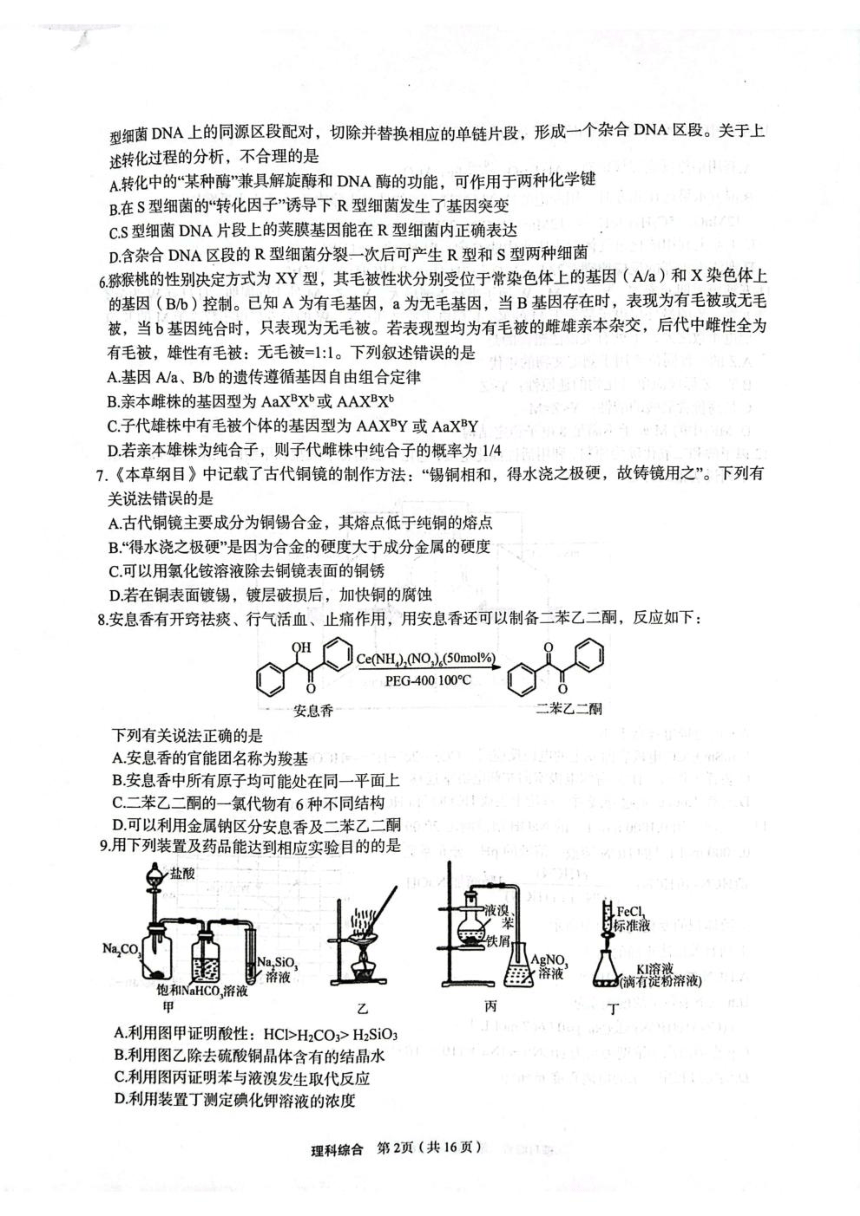 陕西省安康市2024届高三下学期第三次质量联考试题 理综 （PDF版含答案）