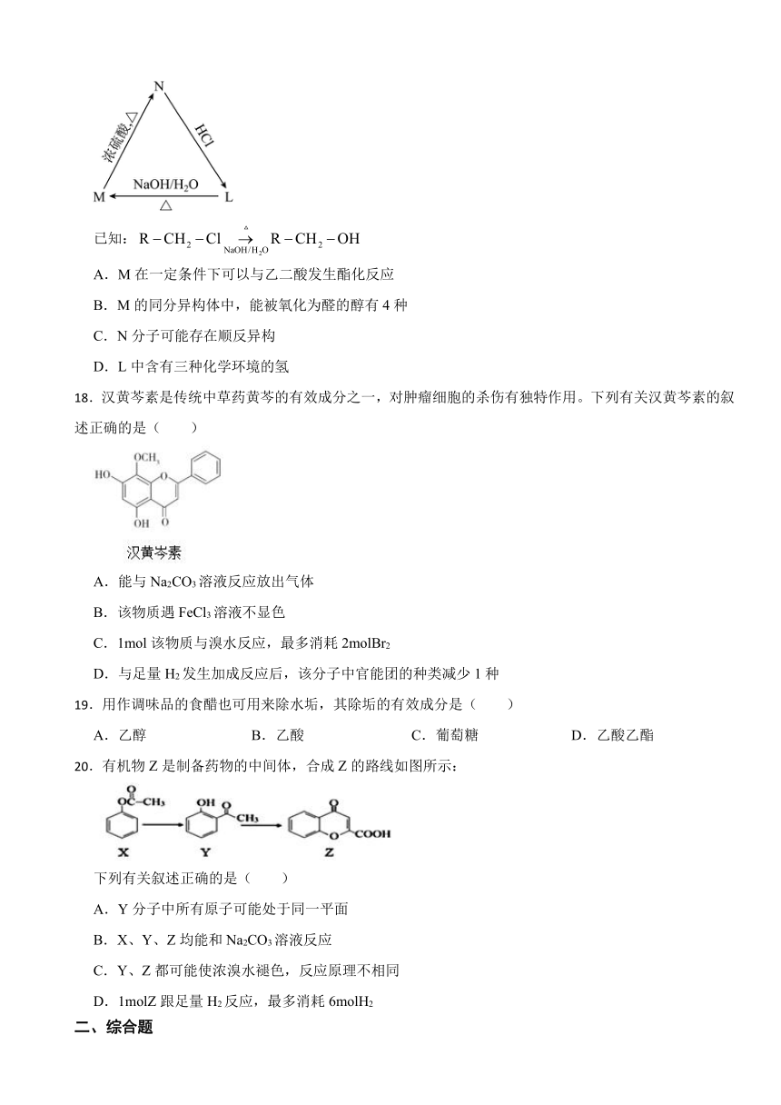 7.3 乙醇与乙酸 随堂检测（含解析） 2023-2024学年高一下学期化学人教版（2019）必修第二册