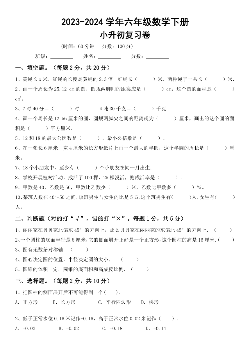 北师大版六年级下册数学小升初复习题（试题）（含答案）