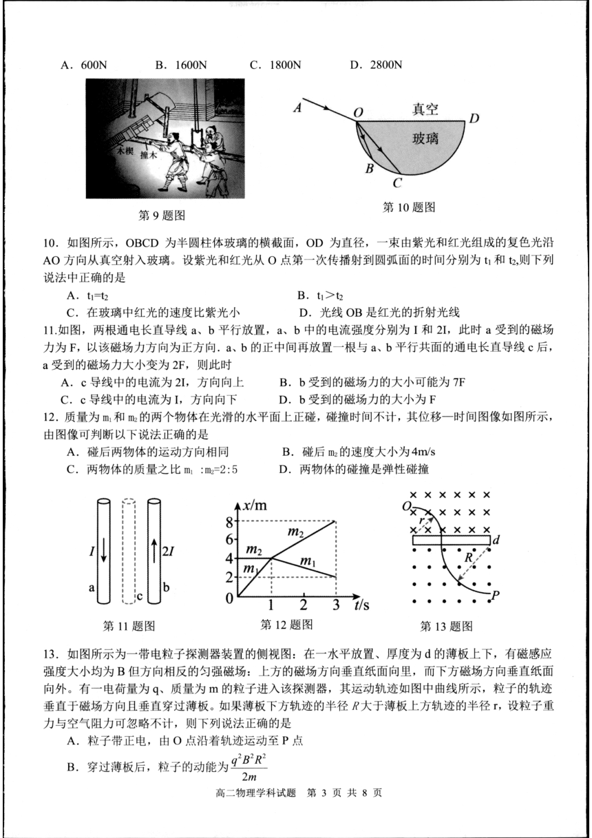 浙江省杭州市六县九校2023-2024学年高二下学期4月期中考试物理试卷（图片版无答案）