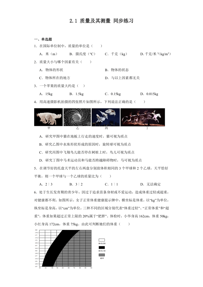 2.1质量及其测量同步练习京改版物理八年级全一册（含答案）