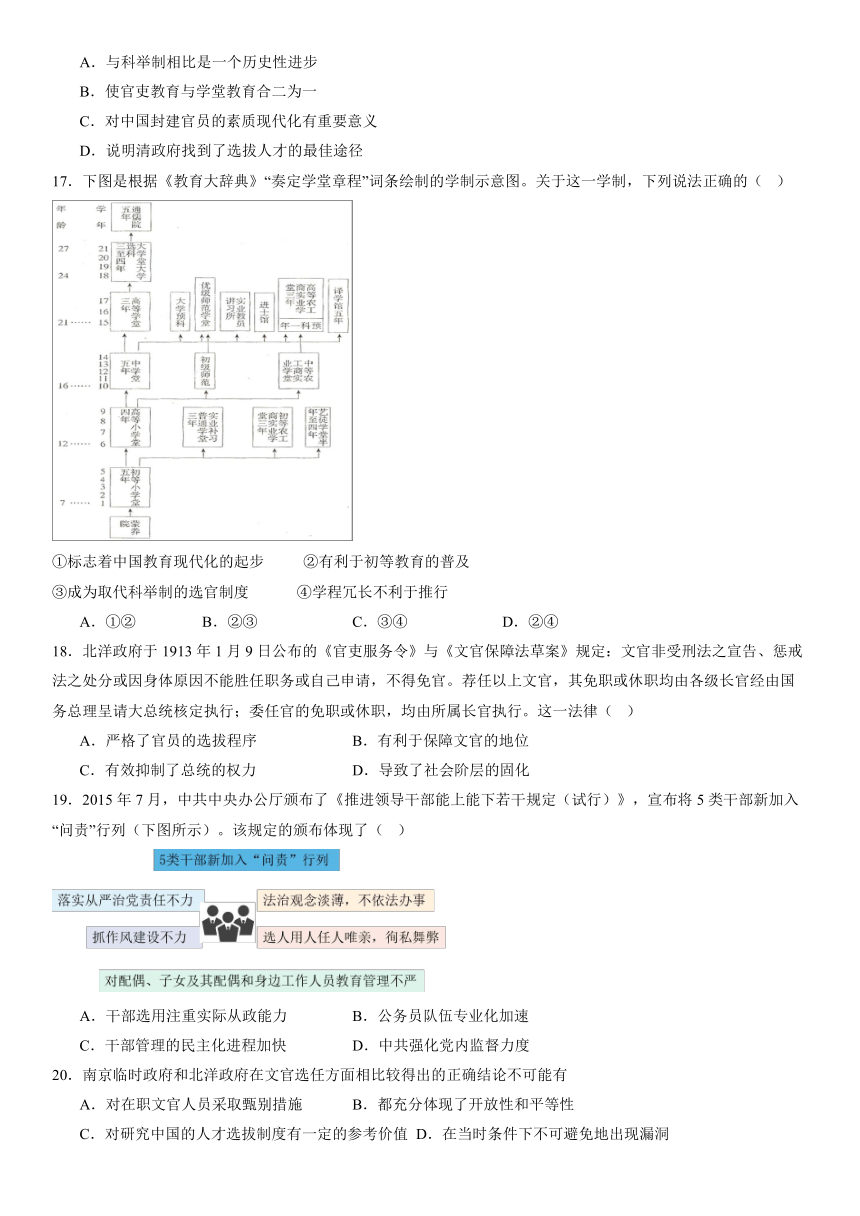 第7课 近代以来中国的官员选拔与管理 课时作业（含答案） 2023-2024学年高二历史统编版2019选择性必修1 国家制度与社会治理