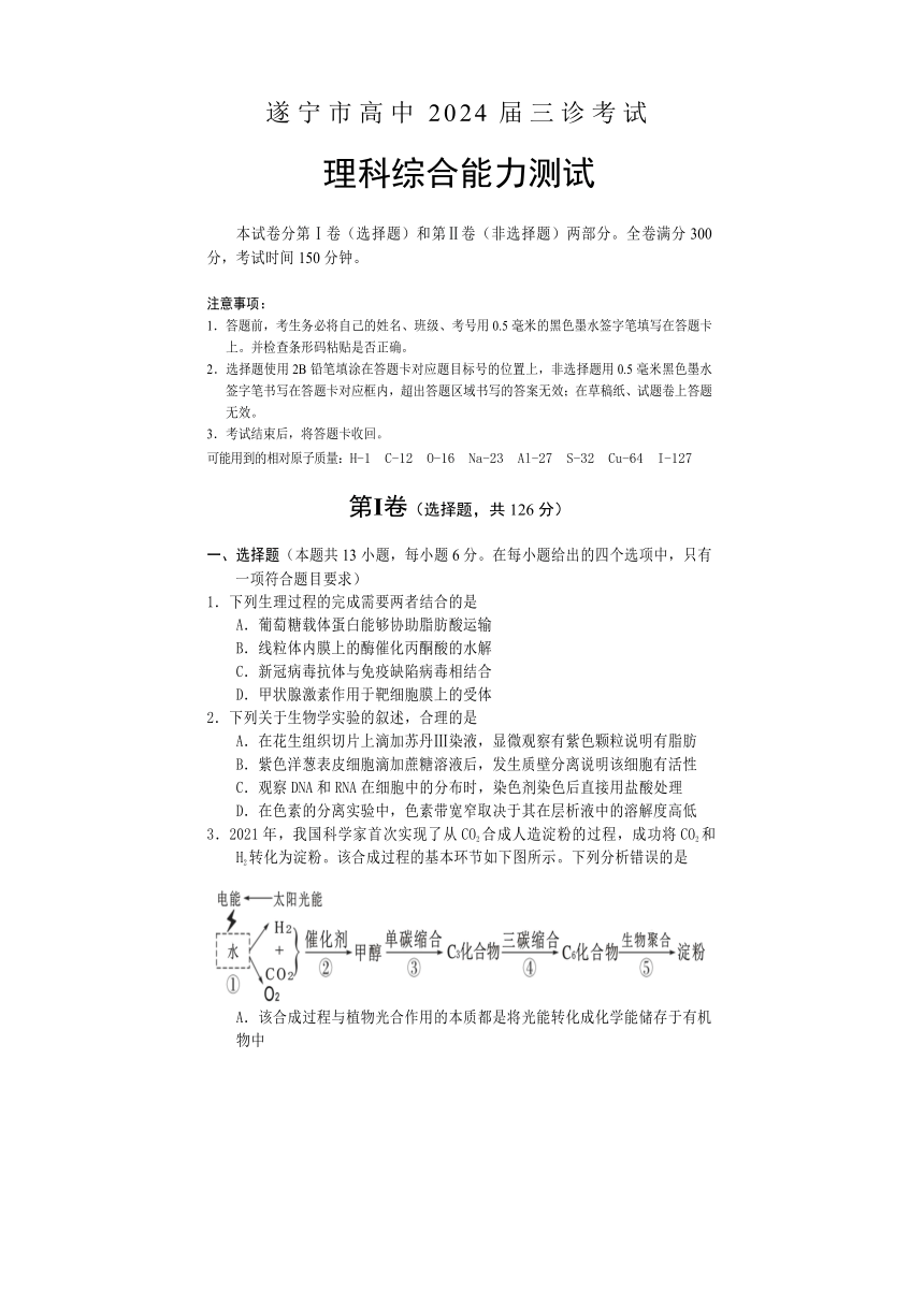 2024届四川省遂宁市高三下学期第三次诊断考试理科综合试题（含答案）