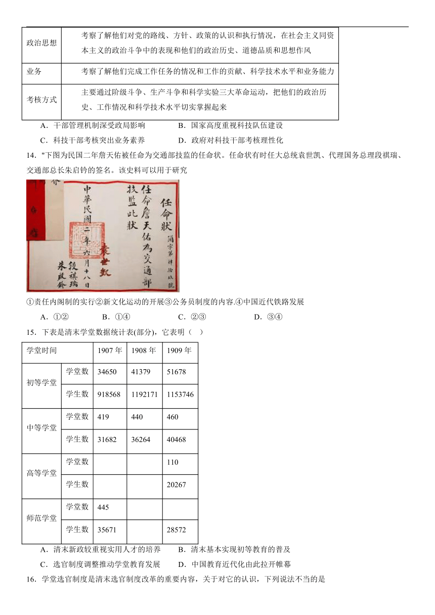 第7课 近代以来中国的官员选拔与管理 课时作业（含答案） 2023-2024学年高二历史统编版2019选择性必修1 国家制度与社会治理