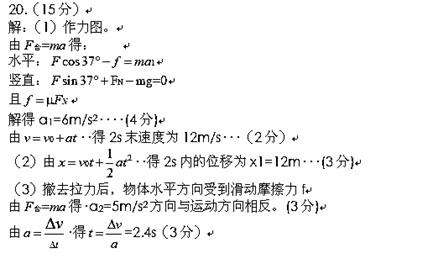 如图所示，质量为m＝10kg的物体在受到与水平面成370斜向上F＝100N的拉力作用下，物体与水平面间的...