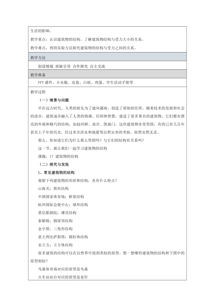 冀人版（2017秋）六年级科学下册17建筑物的结构 教学设计（表格式）