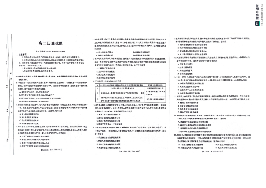 山西省临汾市2023-2024学年高二下学期期中考试历史试题（PDF版无答案）