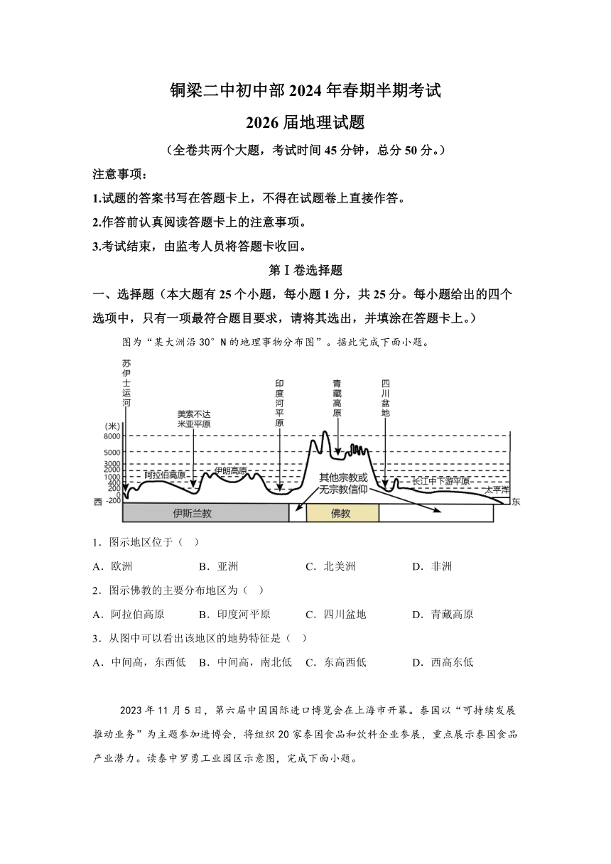 重庆市铜梁区铜梁二中初中部2023-2024学年七年级下学期期中地理试题（解析版）