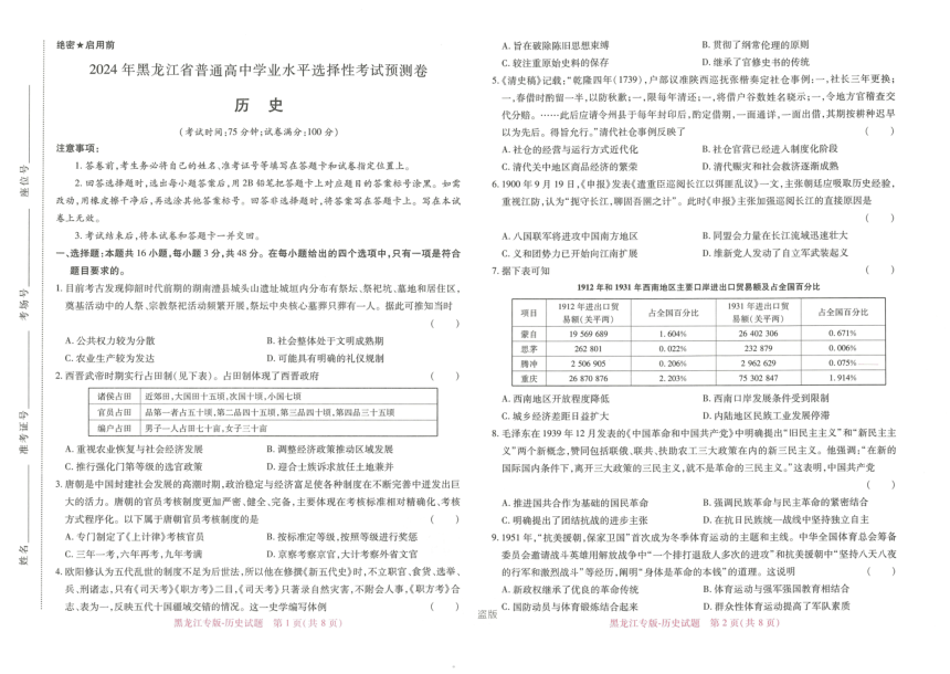 2024年普通高等学校招生全国统一考试预测卷黑龙江专版-历史（图片版，无答案）