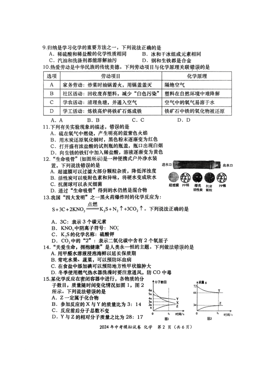 2024年广西壮族自治区百色市田阳区二模化学试题(图片版,含答案)