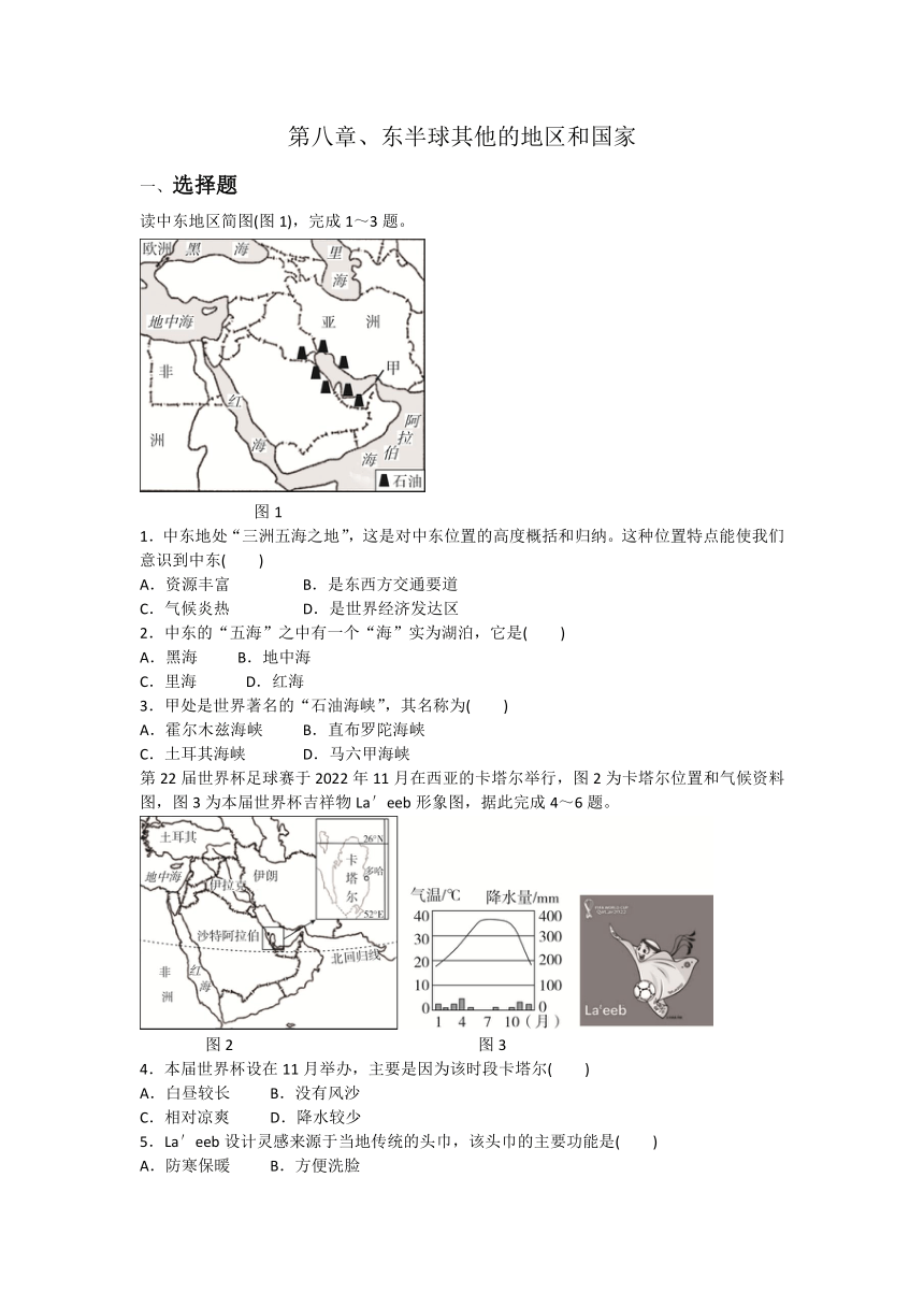2023-2024学年人教版七年级下册地理第八章、东半球其他的地区和国家练习题（含答案）