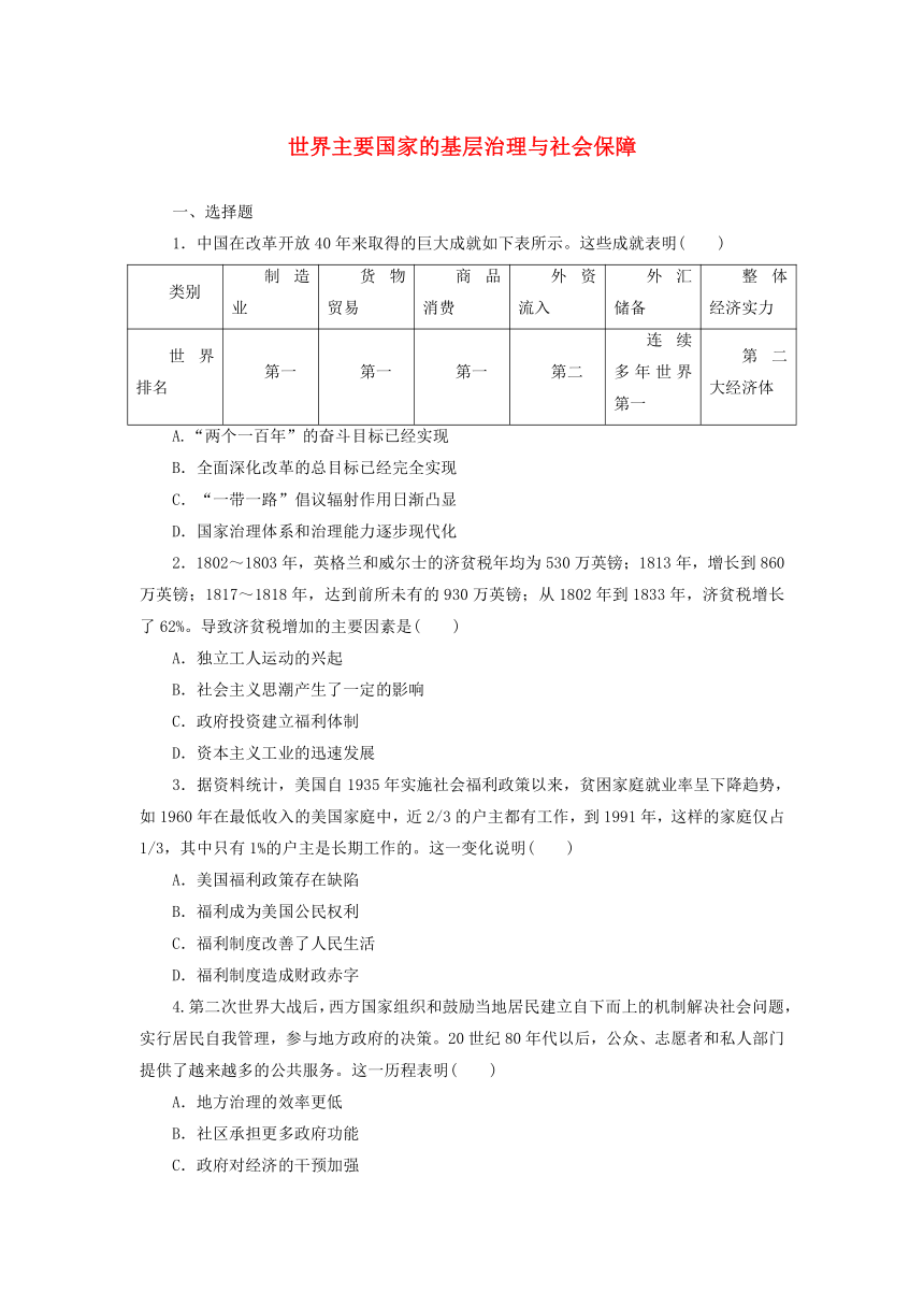 第18课 世界主要国家的基层治理与社会保障 课时作业(含解析) --2024-2025学年高二历史统编版2019选择性必修1 国家制度与社会治理