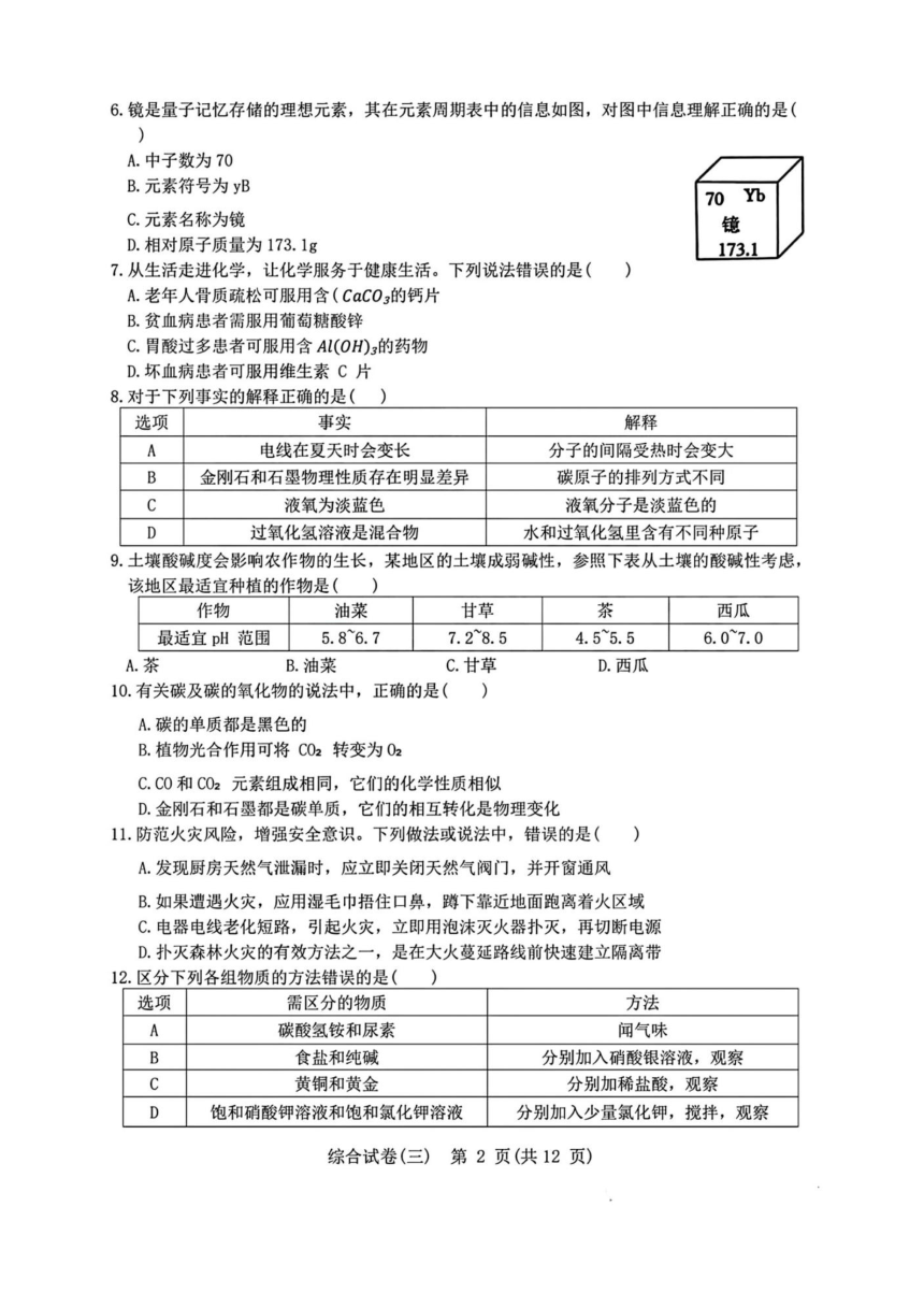 黑龙江省哈尔滨市松北区2024年初中升学调研测试（三）理科综合试卷（图片版 无答案）