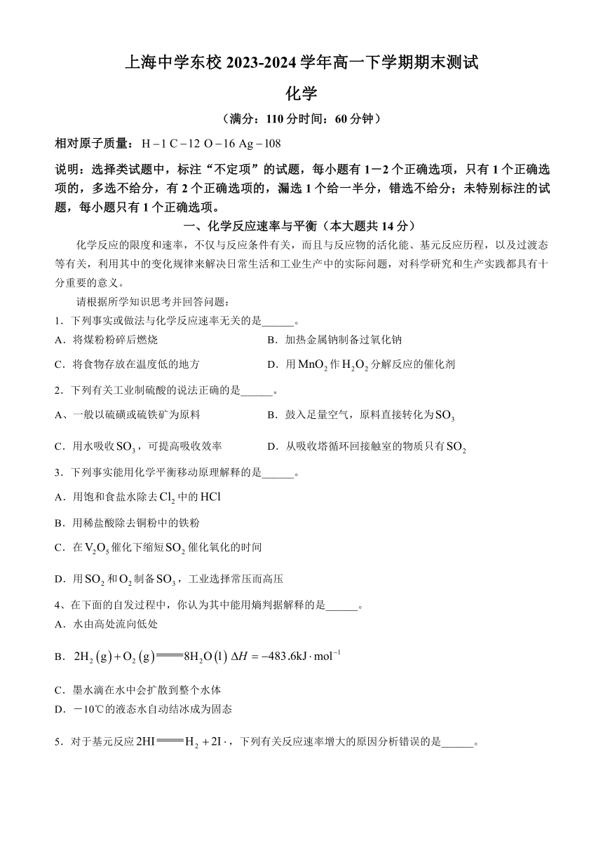 上海中学东校2023-2024学年高一下学期期末测试化学试题(无答案)