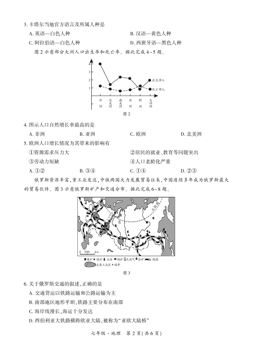 贵州省安顺市2023-2024学年下学期七年级期末考试地理试卷（PDF版无答案）