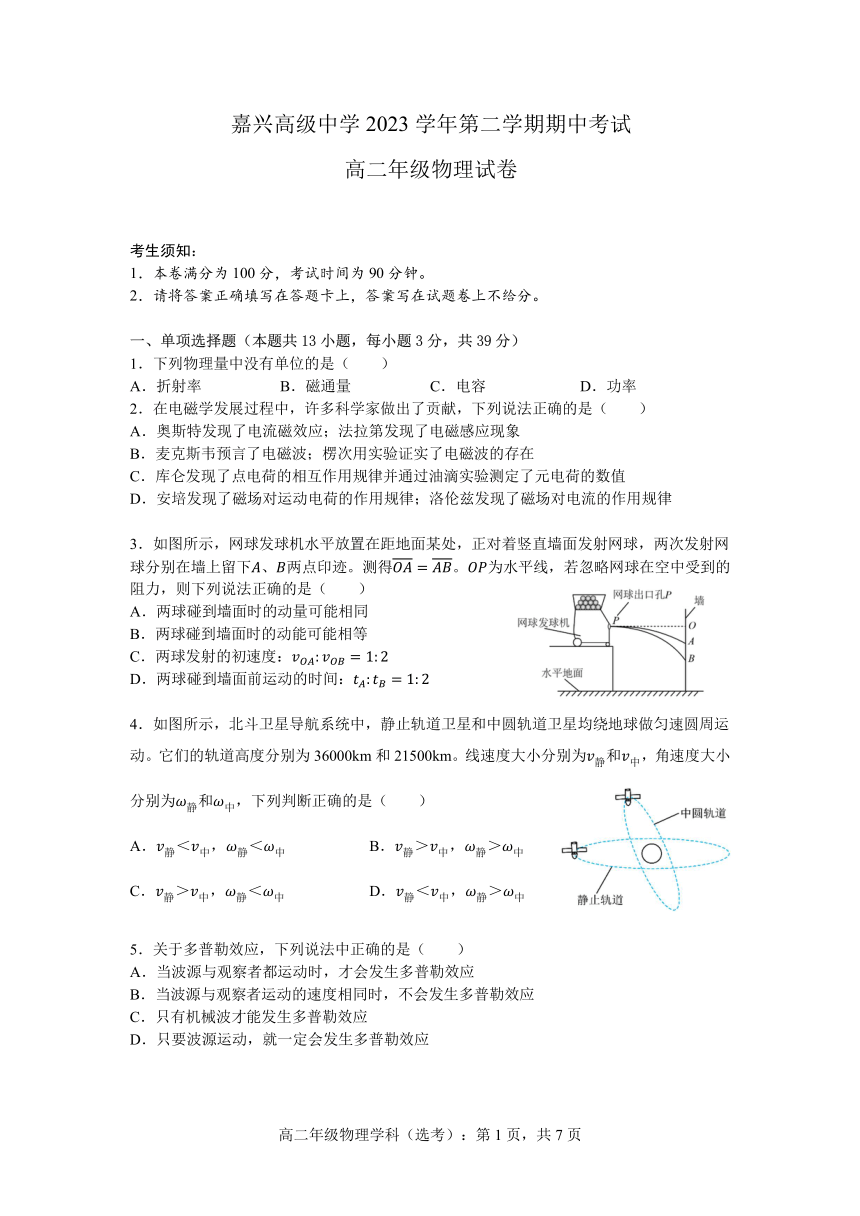 浙江省嘉兴高级中学2023-2024学年高二下学期期中考试物理试卷（PDF版含答案）