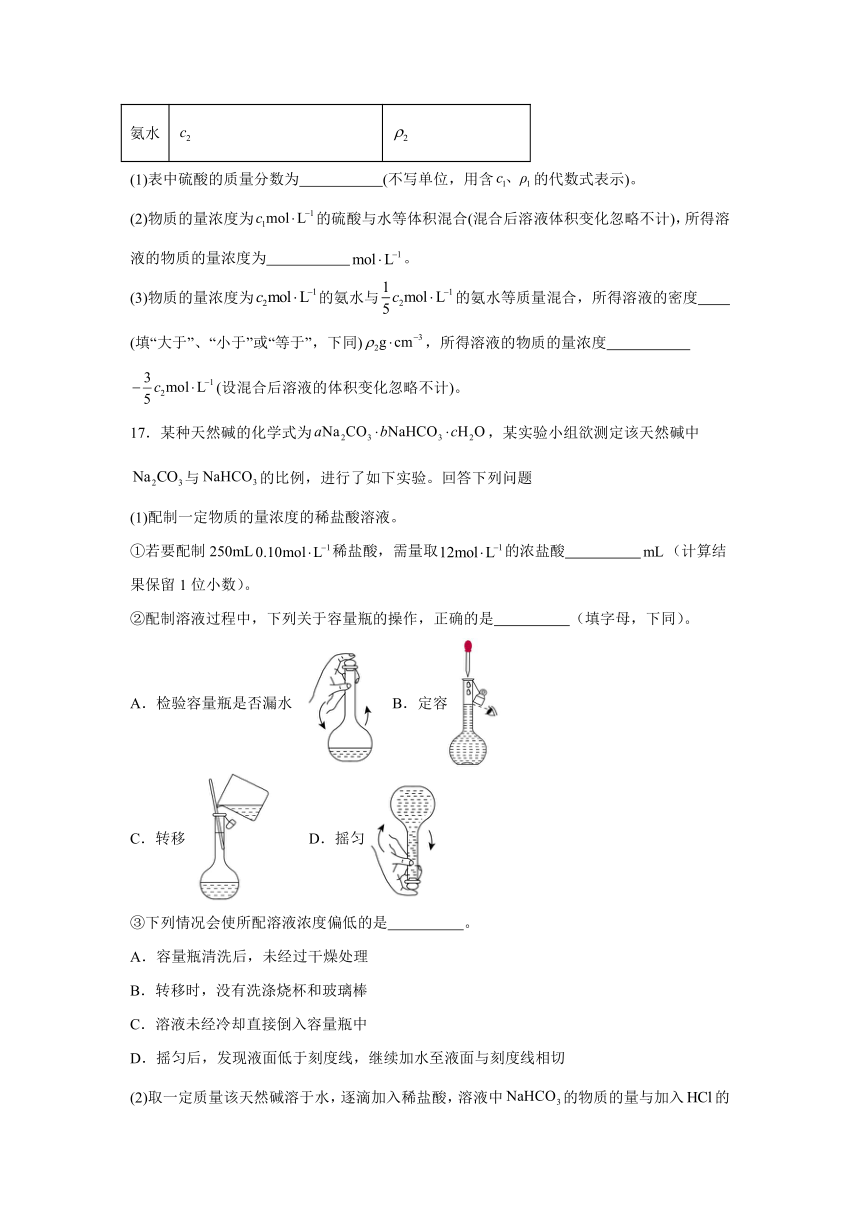 物质的量浓度基础知识过关练（含解析）-2025届高考化学复习备考