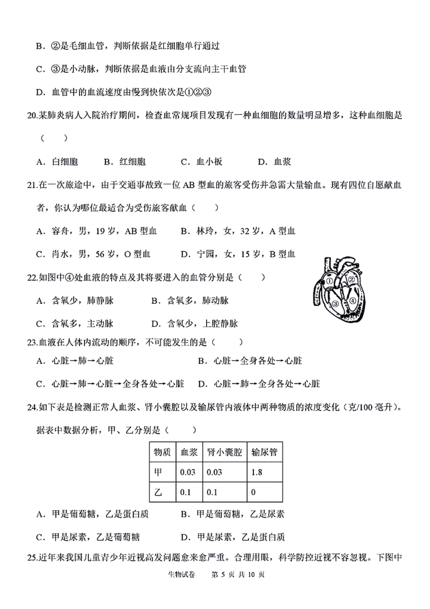 云南省保山市智源初级中学2023-2024学年七年级下学期7月月考生物试题（PDF版含答案）