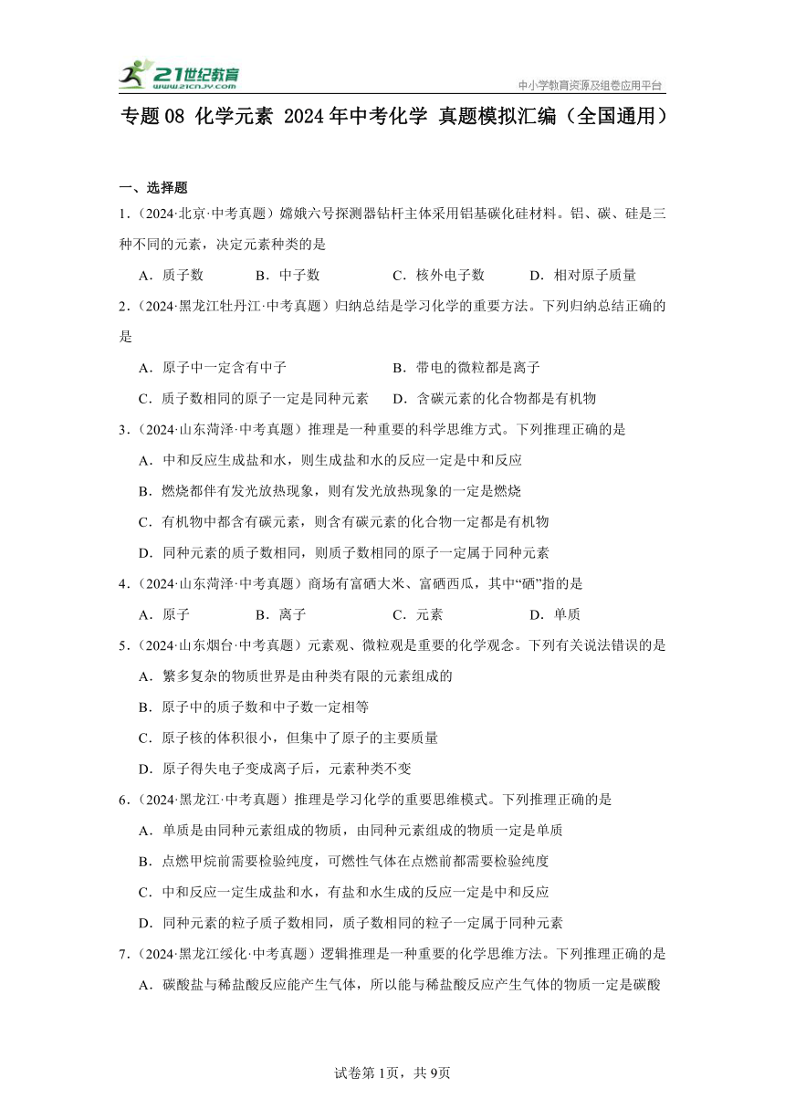 专题08 化学元素 2024年中考化学真题汇编（全国通用）（含解析）