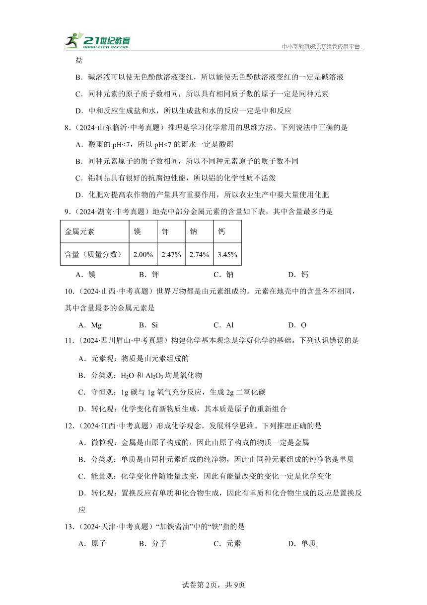 专题08 化学元素 2024年中考化学真题汇编（全国通用）（含解析）