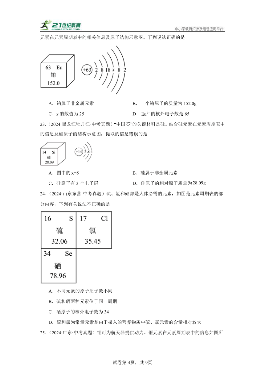 专题08 化学元素 2024年中考化学真题汇编（全国通用）（含解析）