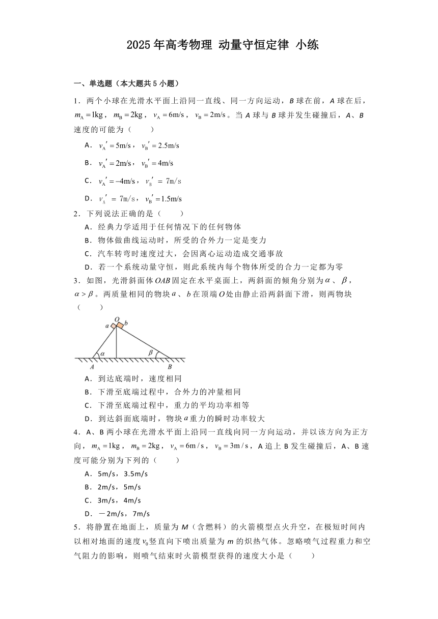 2025年高考物理 动量守恒定律 小练（含答案）