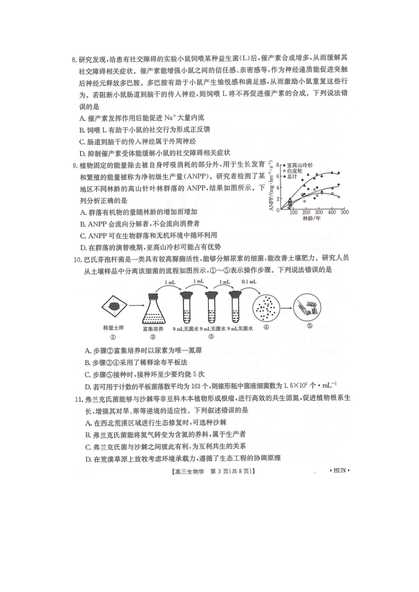 湖南省湖南省部分学校2024-2025学年高三上学期8月月考生物试题（无答案）