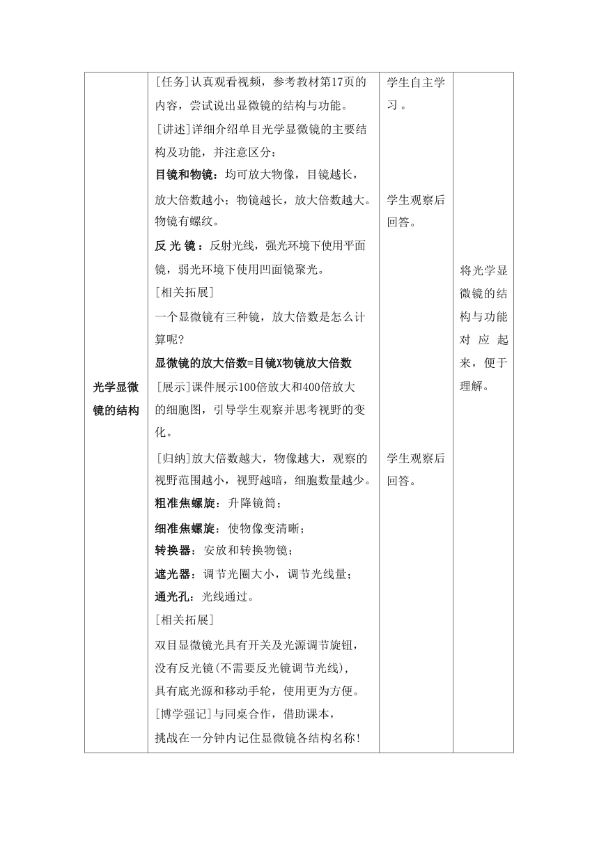1.2.1 学习使用显微镜 教学设计 （表格式）人教版生物七年级上册