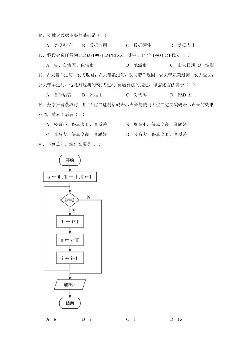 2023~2024学年普通高中《信息技术 必修1 数据与计算》（沪科版2019）期末考试模拟卷 一（试题+参考答案）