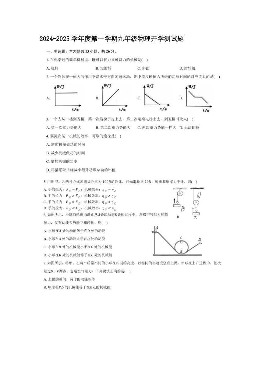 山东省禹城市张庄中学2024-2025学年上学期九年级物理开学检测试题（图片版无答案）