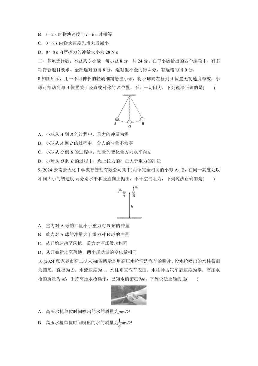 2024-2025学年高中物理选择性必修一周测练习：周测1　动量　动量定理（含解析）