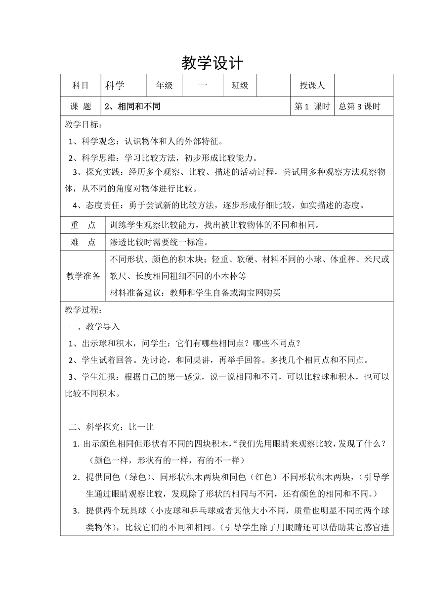 1.2找相同和不同教学设计-（表格式）2024-2025学年一年级上册科学湘科版