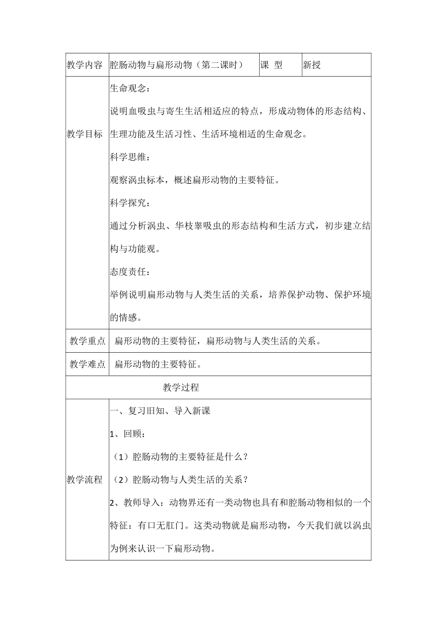 【核心素养目标】5.1.1 腔肠动物与扁形动物（第二课时）教案（表格式，任务驱动式）2024--2025学年人教版生物八年级上册