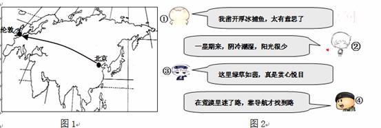 北京某校学生参加为期一年的赴英国修学活动，图1为“北京至伦敦飞机航行路线”，图2为“学生在英国修学活动期...