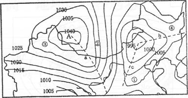 读我国部分地区某时近地面等压线示意图（单位：百帕），回答下列问题。（每空1分，共7分）(1)从气流运动状...