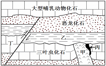 三叶虫、恐龙、大型哺乳动物分别为古生代、中生代、新生代的代表性动物，下图为某地地质剖面示意图，读图回答1...