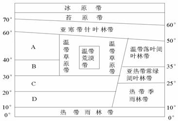 读“陆地自然带分布示意图”，结合所学知识回答（1）～（4）题（1）图中字母A、B、C、D所对应的陆地自然...