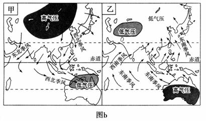 读气压带、风带分布图（图a）和亚洲季风环流图（图b），回答问题。（14分）（1）说出A气压带名称及受其控...